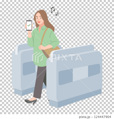 A young woman passing through a ticket gate with a smartphone A young woman passing through a ticket gate with a smartphone 124447904