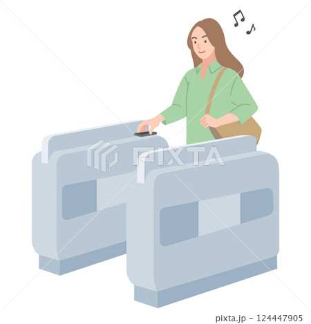 スマホで改札を通る若い女性 124447905