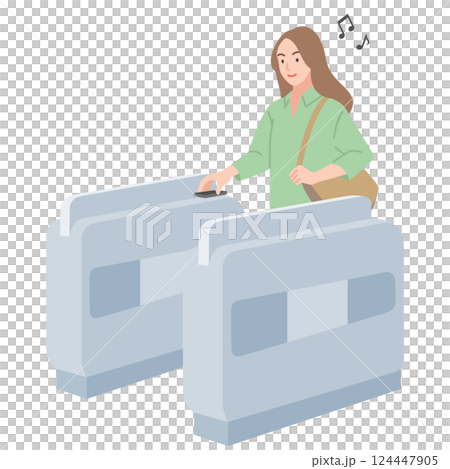 スマホで改札を通る若い女性 124447905