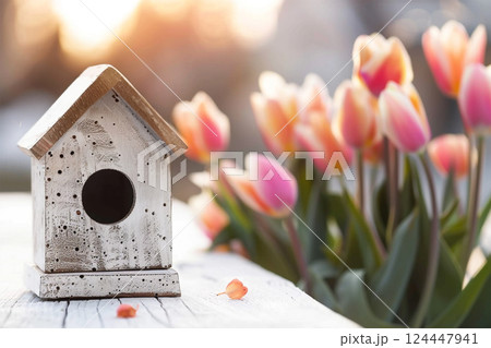 still-life with tulips, hearts and bird 124447941