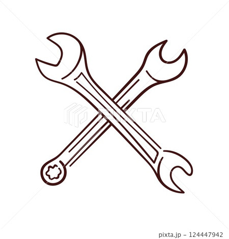 Crossed wrenches repair maintenance engineer and mechanical work in line art style. Isolated on a white background. 124447942