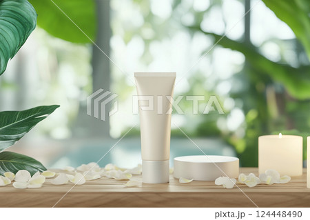 Cream tube mock-up on a wooden surface, flower petals and aromatic candles 124448490