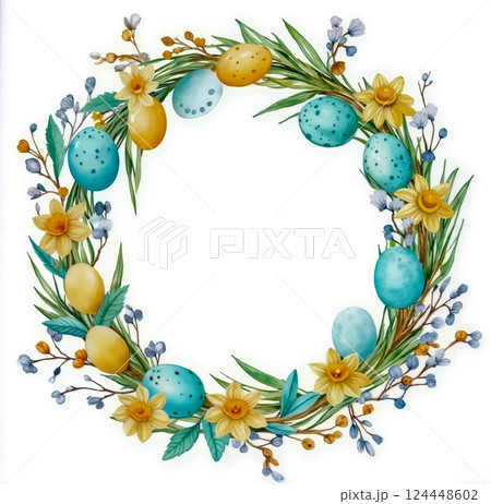 A wreath of flowers and eggs on a white background 124448602