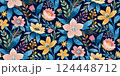 A seamless floral pattern with vibrant yellow, pink, and blue flowers with hand-painted texture on a dark navy background. Suitable for textiles, wallpapers, gift wrapping, stationery, fashion prints. 124448712