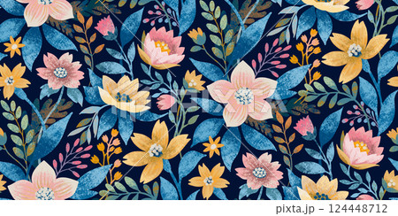 A seamless floral pattern with vibrant yellow, pink, and blue flowers with hand-painted texture on a dark navy background. Suitable for textiles, wallpapers, gift wrapping, stationery, fashion prints. 124448712