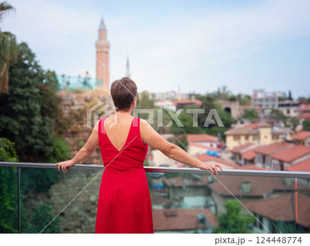 Woman walking narrow streets of old town Antalya Turkey 124448774