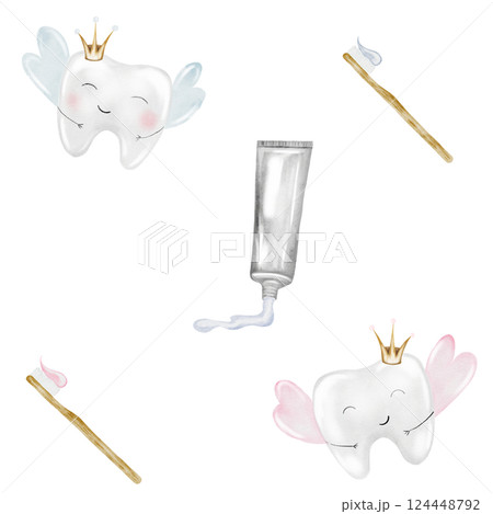 Baby tooth watercolor pattern. Cute cartoon molar with crown on isolated white background. Dental clip art. Ideal for cards and invitations to the party baby's first tooth, posters in the doctor Baby tooth watercolor pattern. Cute cartoon molar with crown on isolated white background. Dental clip art. Ideal for cards and invitations to the party baby's first tooth, posters in the doctor 124448792