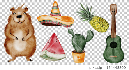 Capybara watercolor set. A funny cartoon animal, mexican sombrero hat, watermelon and cactus. Cute water pig hand drawing on isolated white background. Clip art of a friendly guinea pig. Ideal for Capybara watercolor set. A funny cartoon animal, mexican sombrero hat, watermelon and cactus. Cute water pig hand drawing on isolated white background. Clip art of a friendly guinea pig. Ideal for 124448800