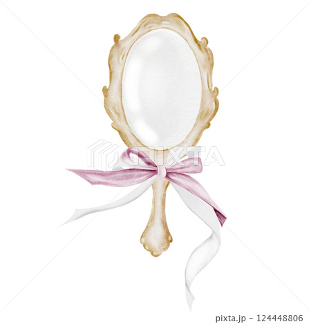 Mirror watercolor with a bow. Hand drawn vintage mirror with handle. Clip art of beauty accessory. Perfect for posters, cards and stickers. 124448806