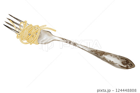 Pasta on a fork watercolor drawing. Hand drawn illustration of a metal fork with spaghetti. Clip art food. Italian pasta on a white background. Ideal for recipe books, restaurant menu posters and 124448808