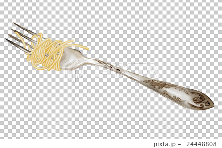 Pasta on a fork watercolor drawing. Hand drawn illustration of a metal fork with spaghetti. Clip art food. Italian pasta on a white background. Ideal for recipe books, restaurant menu posters and 124448808