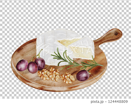 Piece of cheese watercolor. Hand drawn brie on a wooden cutting board. Italian cheese with grapes on white background. Clip art food. Ideal for restaurant menus, recipe books and farm dairy product 124448809