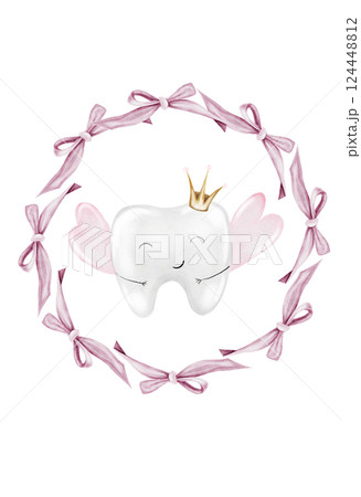 Baby tooth watercolor. Cute cartoon molar with crown in a round frame of pink bows on isolated white background. Dental clip art. Ideal for cards and invitations to the party baby's first tooth Baby tooth watercolor. Cute cartoon molar with crown in a round frame of pink bows on isolated white background. Dental clip art. Ideal for cards and invitations to the party baby's first tooth 124448812