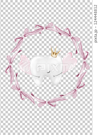 Baby tooth watercolor. Cute cartoon molar with crown in a round frame of pink bows on isolated white background. Dental clip art. Ideal for cards and invitations to the party baby's first tooth Baby tooth watercolor. Cute cartoon molar with crown in a round frame of pink bows on isolated white background. Dental clip art. Ideal for cards and invitations to the party baby's first tooth 124448812