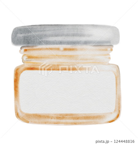 Jam jar or honey watercolor. Hand drawn canned sweets on white background. Clip art food. Ideal for packaging goods with jam. Organic food Jam jar or honey watercolor. Hand drawn canned sweets on white background. Clip art food. Ideal for packaging goods with jam. Organic food 124448816