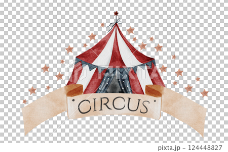 Vintage Circus Tent Illustration. Clip art with circus sign and sign. Hand drawn cute. Perfect for birthday and baby shower invitations. 124448827