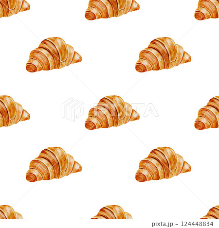 Croissant watercolor pattern. Hand drawn fresh french bun. Food clip art. Ideal for printing packaging in bakery shops, table linens Croissant watercolor pattern. Hand drawn fresh french bun. Food clip art. Ideal for printing packaging in bakery shops, table linens 124448834