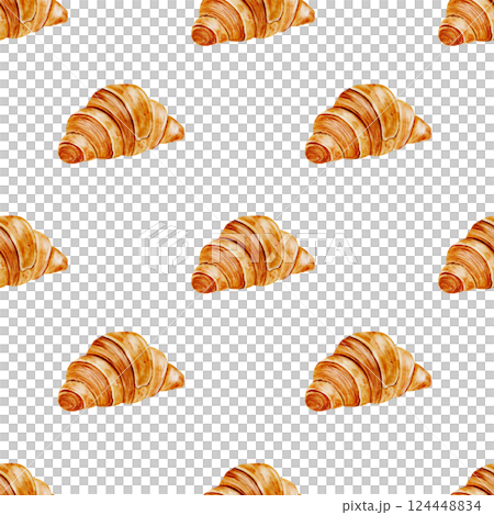 Croissant watercolor pattern. Hand drawn fresh french bun. Food clip art. Ideal for printing packaging in bakery shops, table linens Croissant watercolor pattern. Hand drawn fresh french bun. Food clip art. Ideal for printing packaging in bakery shops, table linens 124448834