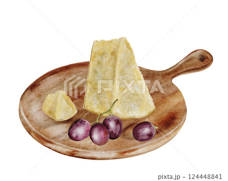Piece of cheese watercolor. Hand drawn parmesan on a wooden cutting board. Italian cheese with grapes on white background. Clip art food. Ideal for restaurant menus, recipe books and farm dairy 124448841