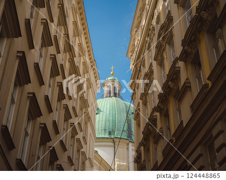 Vienna, Austria - 31 July 2023: Karlskirche church on Karlsplatz square at sunset Vienna, Austria - 31 July 2023: Karlskirche church on Karlsplatz square at sunset 124448865