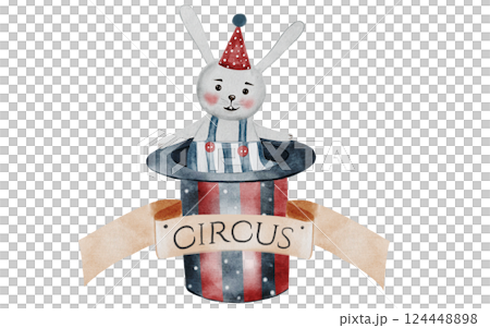 Circus watercolor. Hand drawn cute animal on isolated white background. Clip art of a bunny sitting in a magician's hat with a circus sign. Perfect for cards for baby shower and birthdays Circus watercolor. Hand drawn cute animal on isolated white background. Clip art of a bunny sitting in a magician's hat with a circus sign. Perfect for cards for baby shower and birthdays 124448898