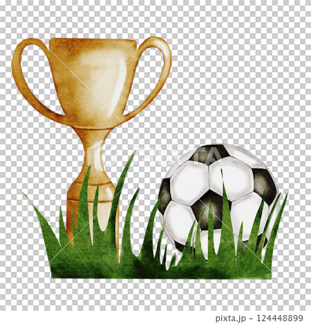 Football Watercolor. Hand drawn composition of a trophy cup, grass and soccer ball, football and sportsequipment. Clip art of championship equipment on isolated white background. Ideal for posters Football Watercolor. Hand drawn composition of a trophy cup, grass and soccer ball, football and sportsequipment. Clip art of championship equipment on isolated white background. Ideal for posters 124448899