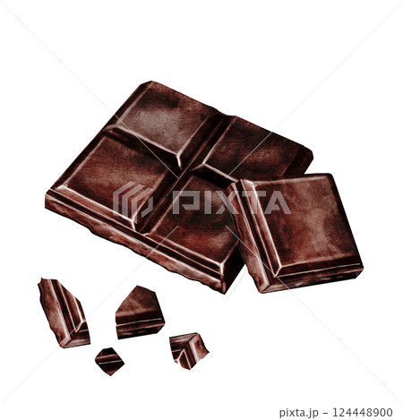 Chocolate bar watercolor composition. Hand drawn pieces of dark chocolate bar on isolated white background. Clip art of sweet dessert. Ideal for logo and packaging of sweets, coffee shop menu and 124448900