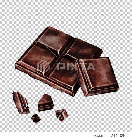 Chocolate bar watercolor composition. Hand drawn pieces of dark chocolate bar on isolated white background. Clip art of sweet dessert. Ideal for logo and packaging of sweets, coffee shop menu and 124448900
