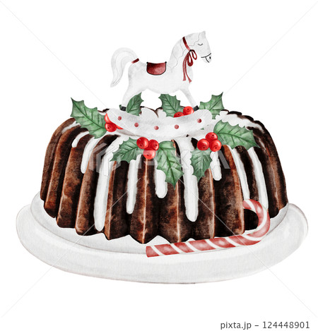 Christmas cake. Hand drawn watercolor traditional holiday cake on a stand with holly berries and a horse. Clip art of chocolate pastry on isolated white background. Ideal for cookbook and bakery menu 124448901
