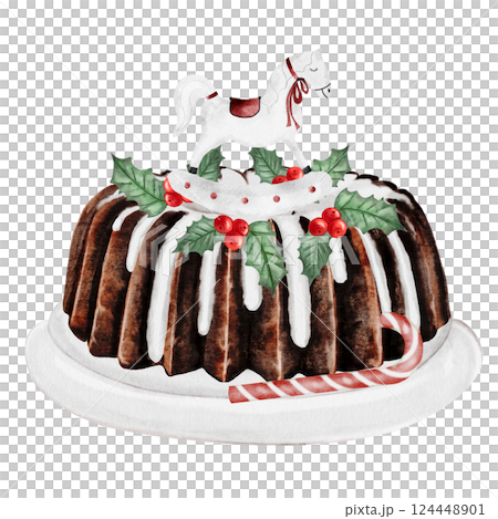 Christmas cake. Hand drawn watercolor traditional holiday cake on a stand with holly berries and a horse. Clip art of chocolate pastry on isolated white background. Ideal for cookbook and bakery menu 124448901