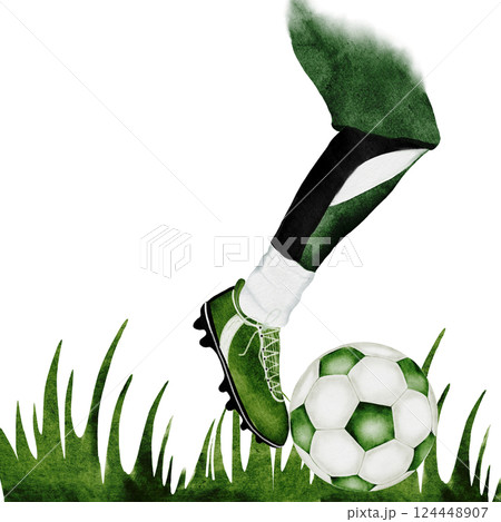 Football game watercolor. Hand drawn composition of football player's leg, soccer ball and grass. Clip art of sports illustration on isolated white background. Ideal for advertising flyers, posters 124448907