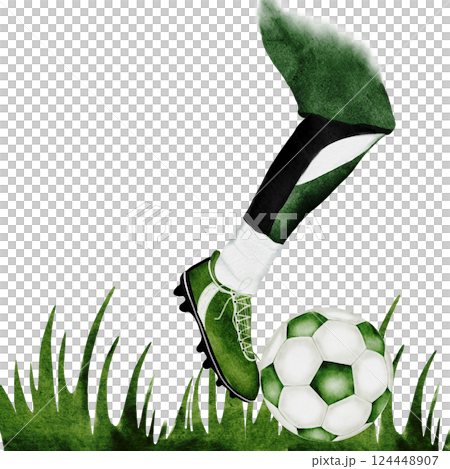 Football game watercolor. Hand drawn composition of football player's leg, soccer ball and grass. Clip art of sports illustration on isolated white background. Ideal for advertising flyers, posters 124448907