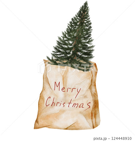 Christmas tree in a craft bag. Evergreen plant in paper packaging on a white background. Ideal for New Year and Christmas cards and posters 124448910