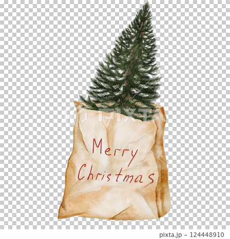 Christmas tree in a craft bag. Evergreen plant in paper packaging on a white background. Ideal for New Year and Christmas cards and posters 124448910
