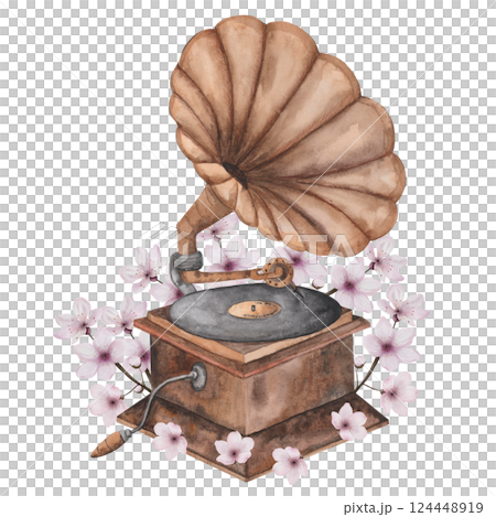 Gramophone watercolor. Postcard with a musical instrument and with cherry blossoms. Hand drawn isolated on white background. For invitations and cards for Music Day, International Dance and Cultural 124448919