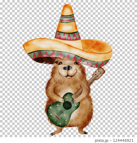 Capybara cartoon watercolor. A funny animal in a Mexican sombrero hat with a guitar. Cute water pig hand drawing on isolated white background. Clip art of a friendly guinea pig. Ideal for stickers 124448921