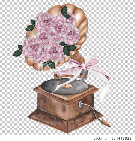 Gramophone watercolor. Postcard with a musical instrument and with flowers of roses. Hand drawn isolated on white background. For invitations and cards for Music Day, International Dance and Cultural 124448922