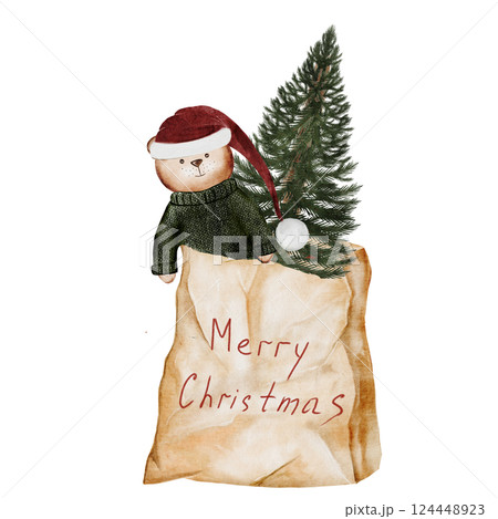 Christmas tree in a craft bag. Evergreen plant with a teddy bear in paper packaging on a white background. Ideal for New Year and Christmas cards and posters 124448923