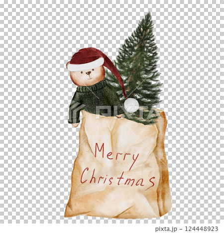 Christmas tree in a craft bag. Evergreen plant with a teddy bear in paper packaging on a white background. Ideal for New Year and Christmas cards and posters 124448923
