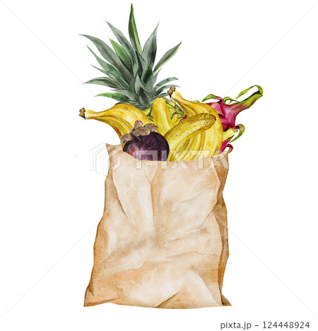 Paper bag with fruits watercolor. Hand drawn craft packaging with bananas, pineapple and darkonim fruit. Food clip art. Ideal for food stickers, posters of farm organic stores and design of 124448924