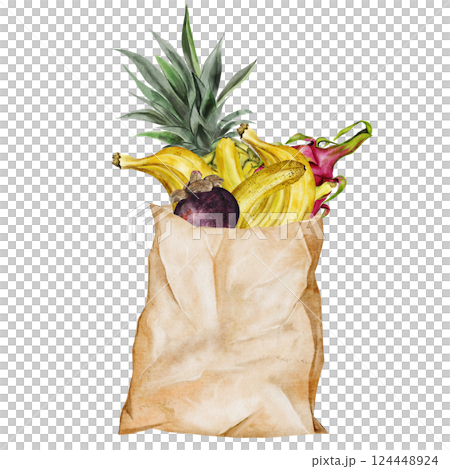 Paper bag with fruits watercolor. Hand drawn craft packaging with bananas, pineapple and darkonim fruit. Food clip art. Ideal for food stickers, posters of farm organic stores and design of 124448924