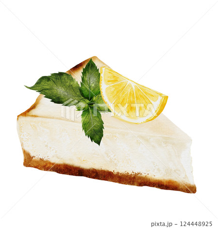 Classic cheesecake. Watercolor illustration of New York cheesecake on isolated white background. A piece of cottage cheese pie decorated lemon and mint. Ideal for coffee shop, pastry shop menu and 124448925