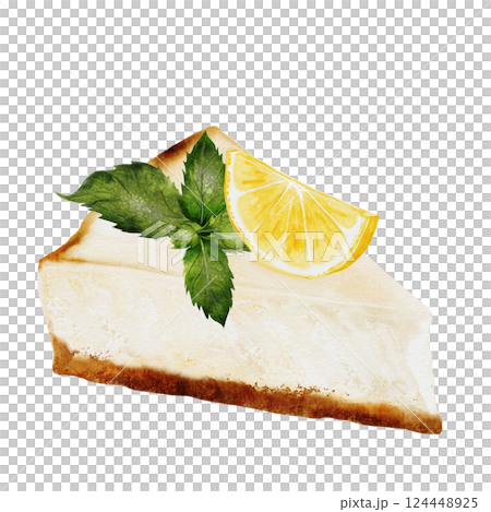 Classic cheesecake. Watercolor illustration of New York cheesecake on isolated white background. A piece of cottage cheese pie decorated lemon and mint. Ideal for coffee shop, pastry shop menu and 124448925