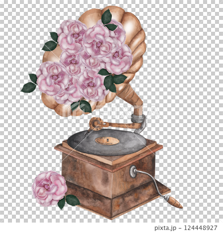 Gramophone watercolor. Postcard with a musical instrument and with flowers of roses. Hand drawn isolated on white background. For invitations and cards for Music Day, International Dance and Cultural 124448927