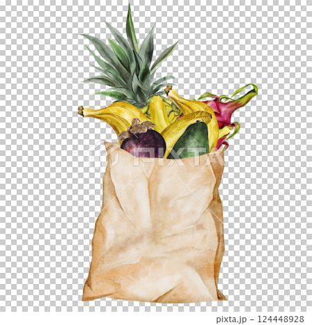 Fruits watercolor in a paper bag. Hand drawn craft packaging with bananas, pineapple and darkonim fruit. Food clip art. Ideal for food stickers, posters of farm organic stores and design of 124448928