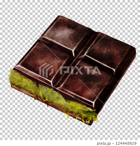 Chocolate watercolor. Hand drawn Dubai dark chocolate bar filled with kataifi and pistachio paste on isolated white background. Clip art of sweet dessert. Ideal for logo and packaging of sweets 124448929