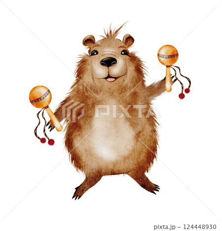 Capybara watercolor. A funny animal holds maracas. Cute water pig hand drawing on isolated white background. Clip art of a cartoon friendly guinea pig. Ideal for stickers, posters and cards Capybara watercolor. A funny animal holds maracas. Cute water pig hand drawing on isolated white background. Clip art of a cartoon friendly guinea pig. Ideal for stickers, posters and cards 124448930