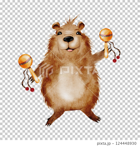 Capybara watercolor. A funny animal holds maracas. Cute water pig hand drawing on isolated white background. Clip art of a cartoon friendly guinea pig. Ideal for stickers, posters and cards Capybara watercolor. A funny animal holds maracas. Cute water pig hand drawing on isolated white background. Clip art of a cartoon friendly guinea pig. Ideal for stickers, posters and cards 124448930