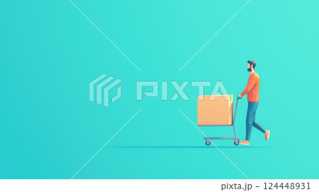 A person pushes a cart with a box, set against a vibrant turquoise background, shopping or delivery. 124448931