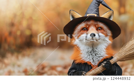 A whimsical fox wearing a witch's hat and holding a broom 124448932